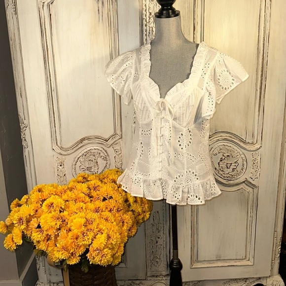 Labelrail x Lara Adkins Delicate Eyelet Lace Smocked Puff Sleeves Corset Top - Picture 1 of 9